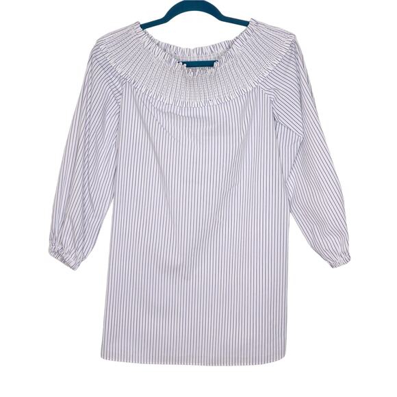 TIBI Samuel Off The Shoulder Poplin Top Smocked Striped White and Blue Women's 4 - Picture 1 of 14